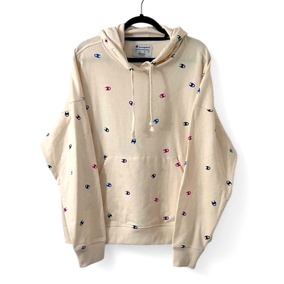 Champion Powerblend Hoodie XL Cream Rainbow Logo Print NWT - Picture 1 of 6